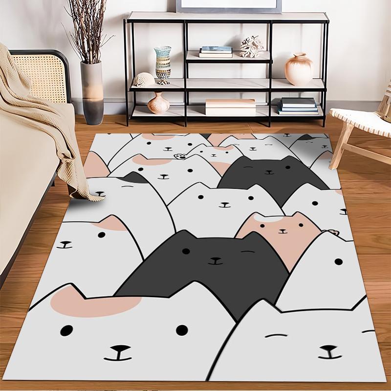 Niedlicher Cartoon-Katzenmuster-Teppich mit Weiß1Schwarz1und Beige Katzen Design Geeignet für die Verwendung als Anti-Rutsch-Matte für Wohnzimmer und Schlafzimmer Sofas