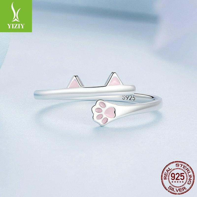 Cute S925 Silver Cat Open Ring, Pink Girl Heart Paw Print Ring Hand Jewelry Bsr316