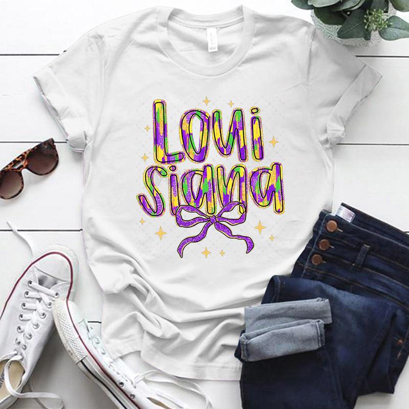 Louisiana Coquette Bow Print Woman Tshirts Mardi Gras Coquette Essential T Shirts Crew Neck Happy Mardi Gras Gift Tops Clothes S