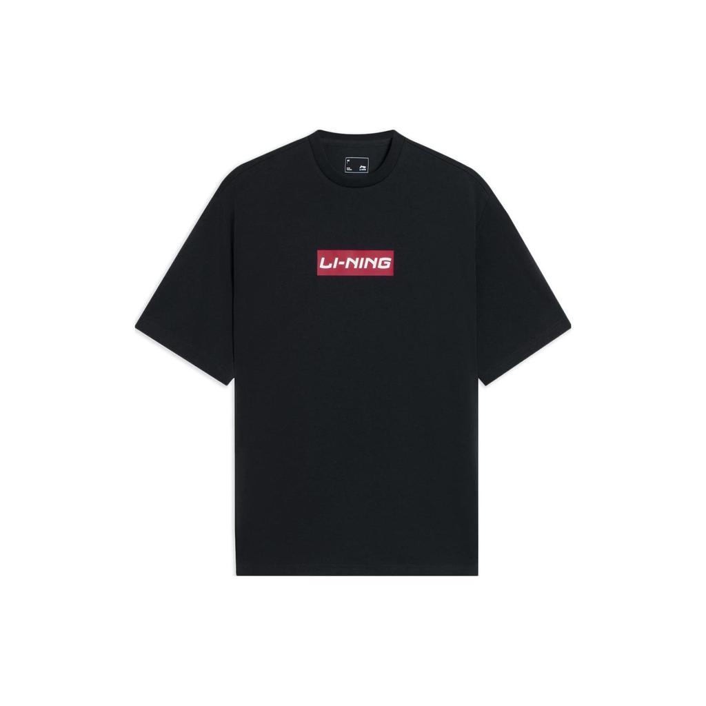 Li-Ning Sports Fashion Series Letter Logo Print Solid Color Round Neck Short Sleeve T-Shirt Unisex Tops Black AHSSC17-2
