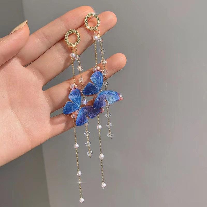 Korean Trendy Butterfly Tassel Earrings with Crystals and Pearls
