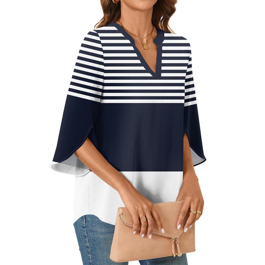 Womens Tops 3/4 Tiered Bell Sleeve V Neck Stripes Printed  Blouses Work Tunic Shirts