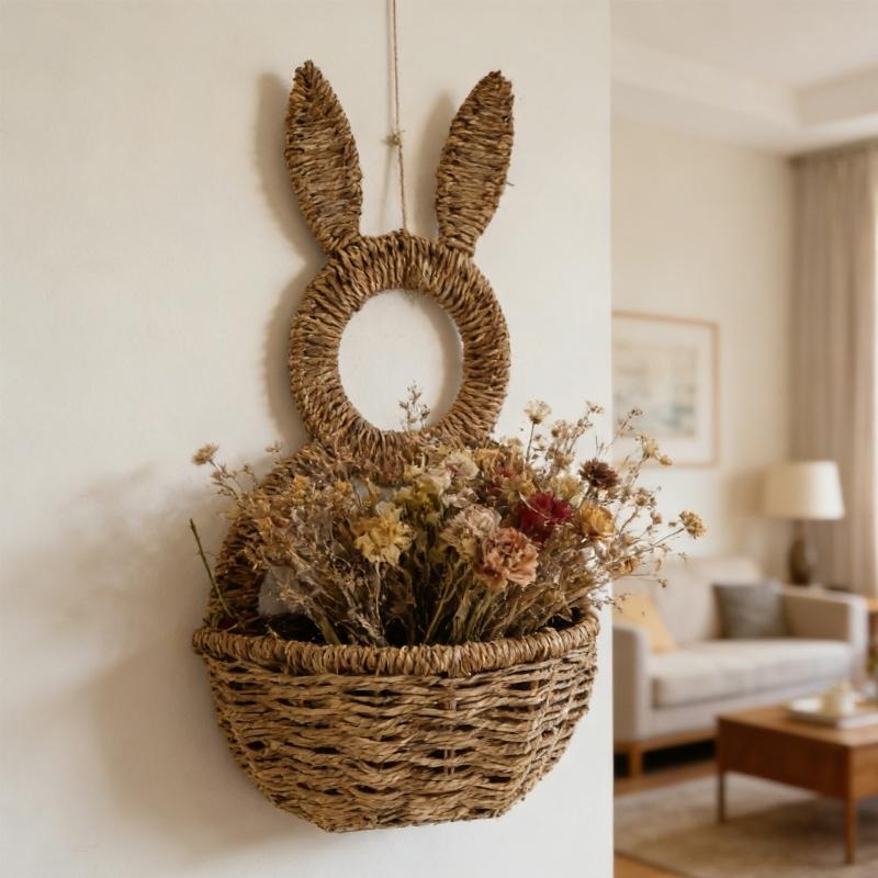 Handwoven Rabbits Ear Shape Flower Basket Natural Rattan Breathable Flower Holder for Home Decors and Storage