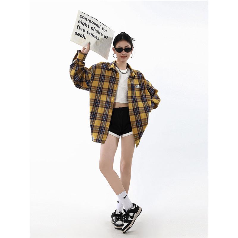 ICH MODE Women s Retro Plaid Shirt Jacket - Autumn Versatile Long Sleeve Loose Fit M 100-120 Jin жёлтый