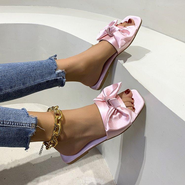 Large Size Satin Cloth Bow Flat-Bottomed Slippers Women'S Fashion Square Head Square Heel One Pedal Lazy Shoes