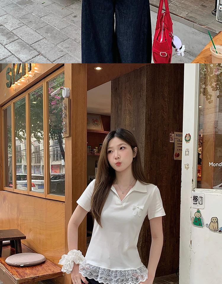 Plus Size Lace Hem Bow Collar Short Sleeve Top for Women - Summer Slimming Polo Style