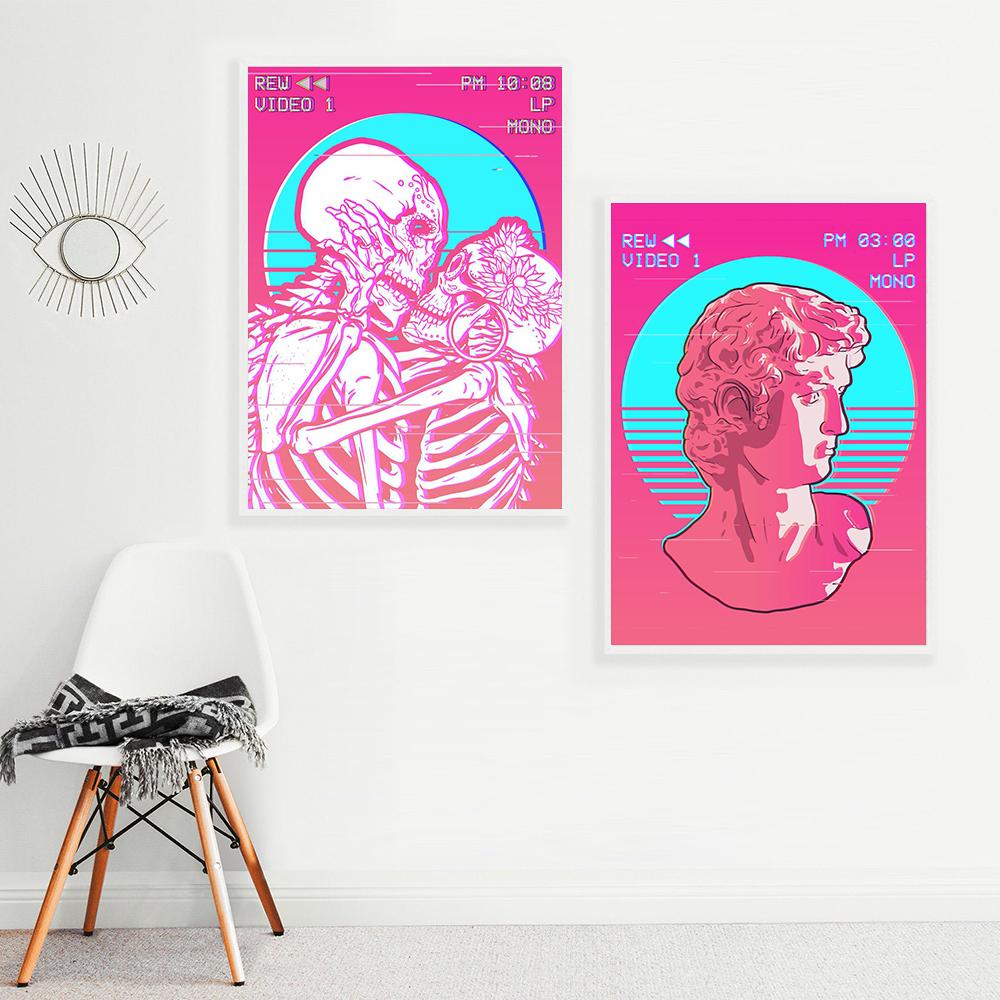 Pink Fantasy Lure Retro Wall Art Poster Print Fluture Iubitor de moarte Skeleton Vaporwave Pânză Pictură Abstractă Camera Home Decor