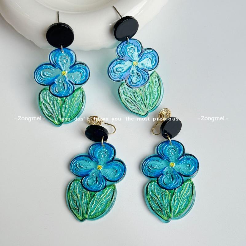 High-End Blue Floral Acrylic Earrings - Simple, Versatile, Fresh Forest Style