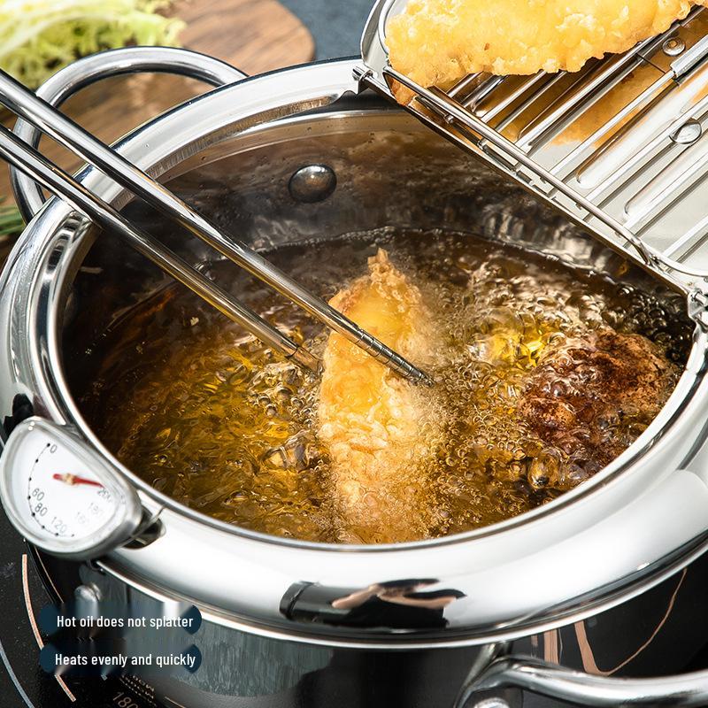 304 Stainless Steel Tempura Fryer with Thermometer for Oil-Saving On Induction and Gas Stoves