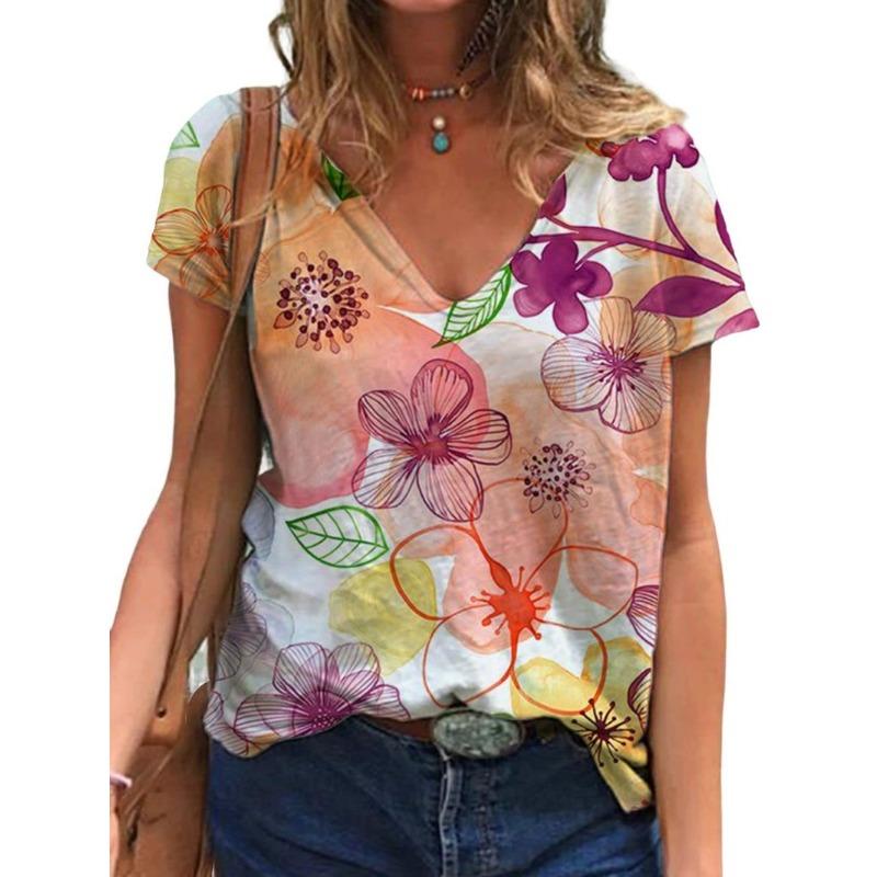 Summer V-neck 3D Mother's Day Alphabet Flower Printed Top Fashionable Casual Short Sleeved Women's T-shirts