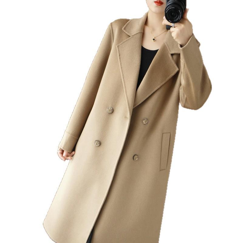 Elegant 2026 Double-Sided Wool Coat - Women's Mid-Length Lapel Over-the-Knee Solid Color