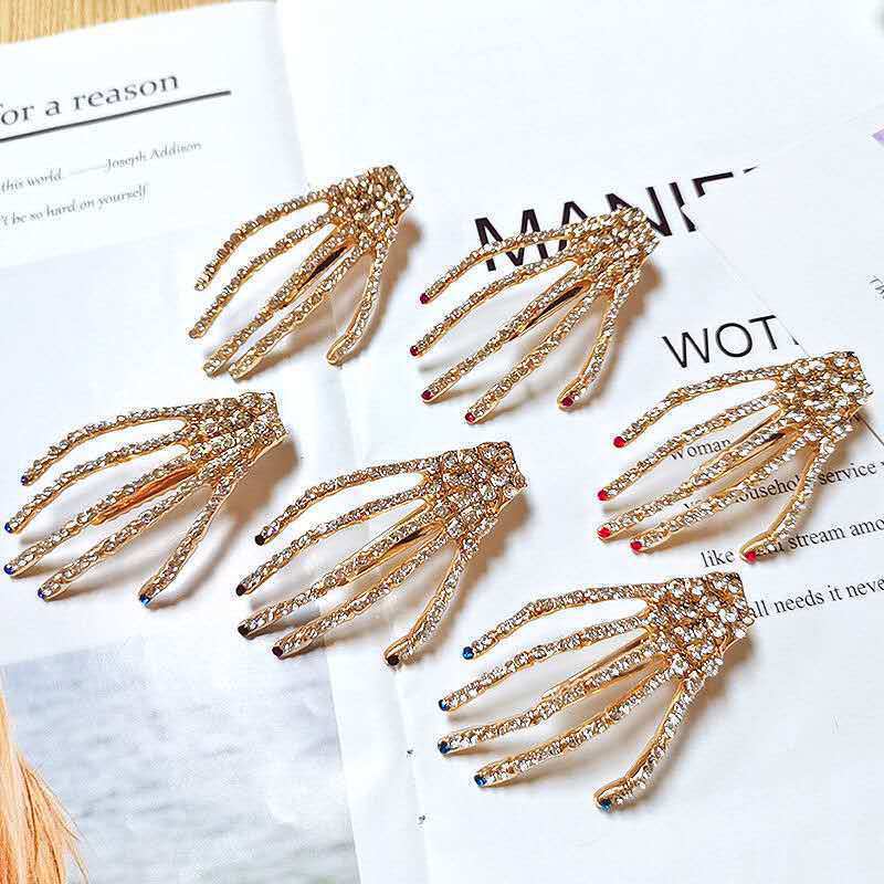 Korean Fashion Claws Funny Hairpin Skull Palm Hairpin Rhinestone Hair Accessories Duckbill Bangs Clip Halloween Headdress