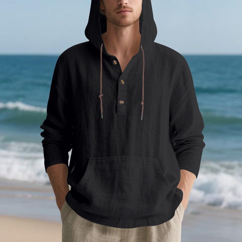 Men's Loose Hooded Henley Long Sleeve Casual Shirt.