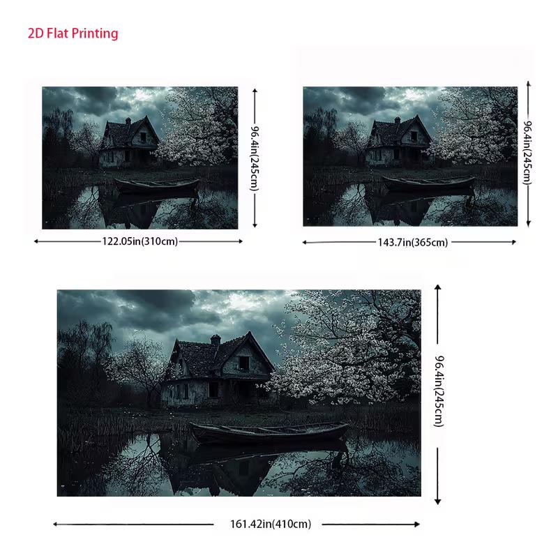 2D Spooky Old Cottage with Boat Photo Booth Backdrop Cloth for Horror Theme