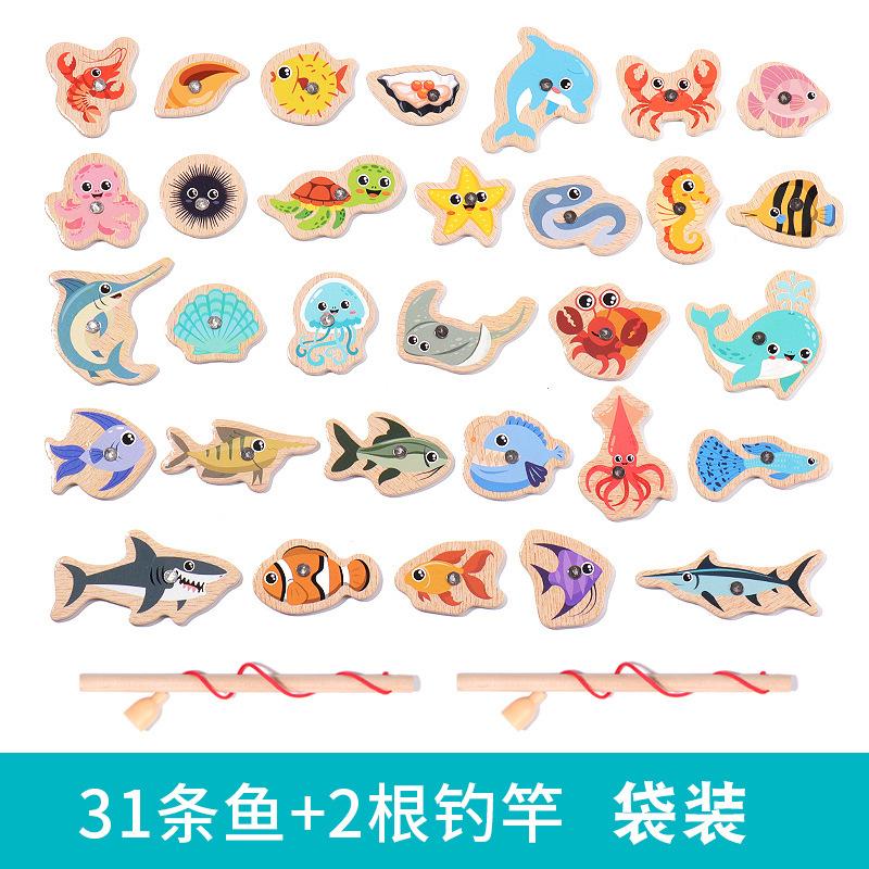 Magnetic Wooden Barrel Marine Fishing Toy Children's Early Education Educational Cognitive Fun Parent-Child Game