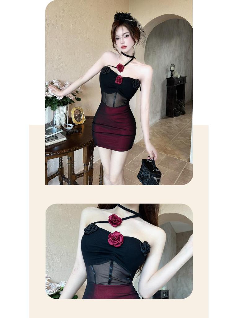 Elegant Halter Neck Floral Bandeau Bodycon Dress - Slim-Fit, High-Waisted, Pleated Style