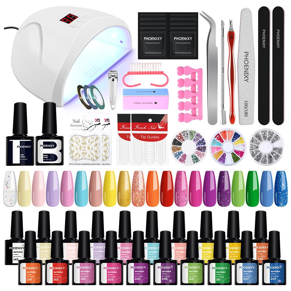 PHOENIXY Gel Nail Kit Gel Varnish with 36W Nail Lamp 20Colors White Black Gel Nail Polish Kit Glossy & Matte Gel Top Base Coat Manicure Tools Nail Art