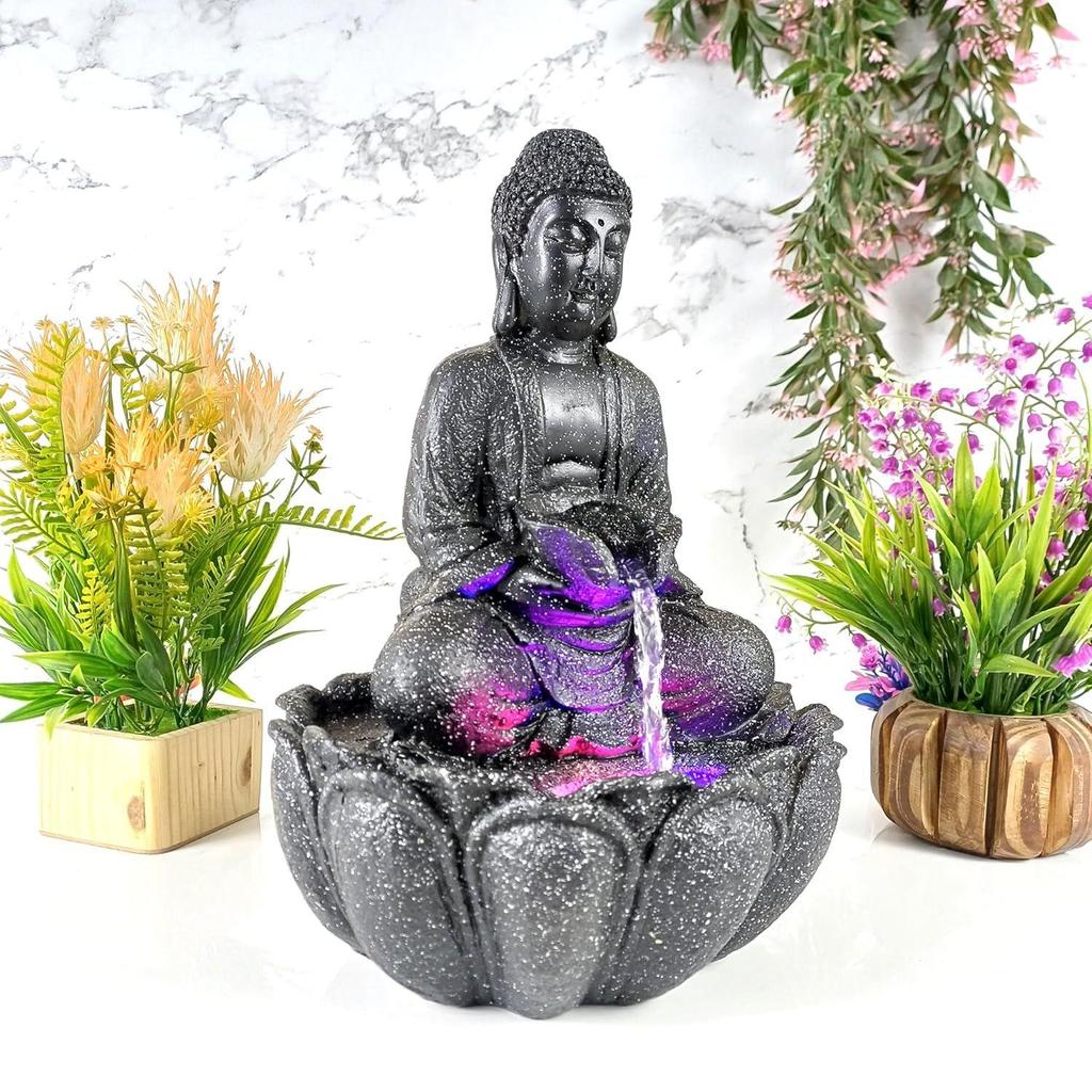 Lotus Buddha Table Top Water Fountain with RGB LED Light for Home Décor/Gift/Vastu/Pooja/Reception/House Warming (Black Stone)