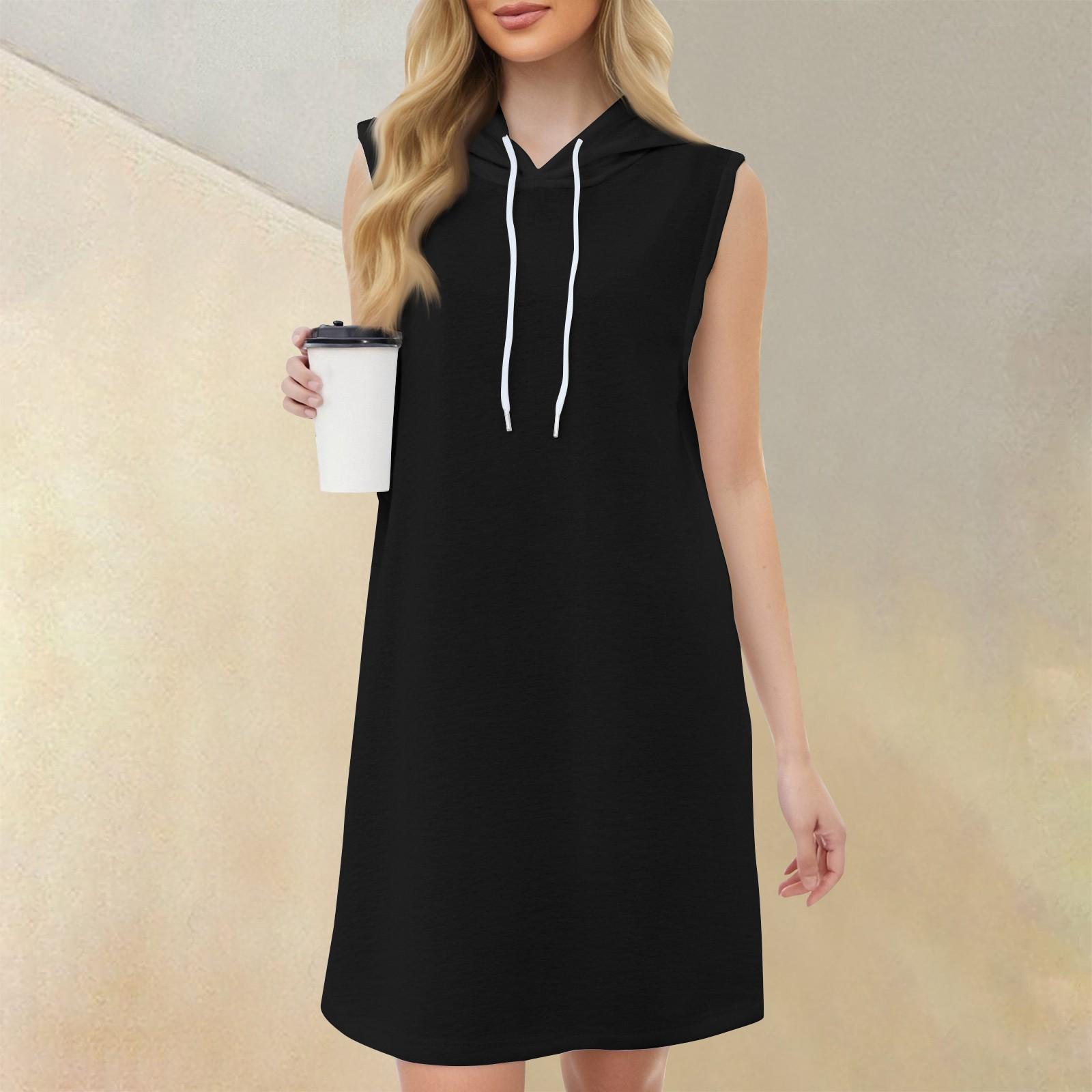 

Женское повседневное модное платье с круглым вырезом без рукавов, однотонное, с капюшоном и завязками на шнурке L чёрный