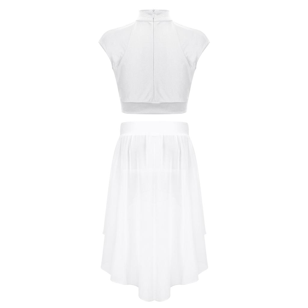 Girls Sleeveless Cutout Shiny Rhinestones Crop Top High Low Hem Chiffon Skirt Figure Skating Dance Gymnastics Set