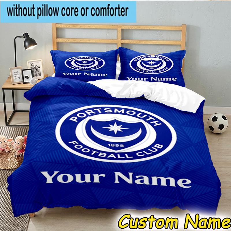 Custom Name Portsmouth Football Club Bedding Set 3PCS Duvet Cover Closure Includes 1 Duvet Cover & 2 Pillowcases for All Seasons Bedroom Decor