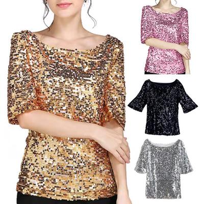 Damen-Pailletten-Top, glitzerndes T-Shirt, stilvolle, bequeme Bluse mit mittellangen Ärmeln, Streetwear für Bühnenauftritte, tägliches Tragen