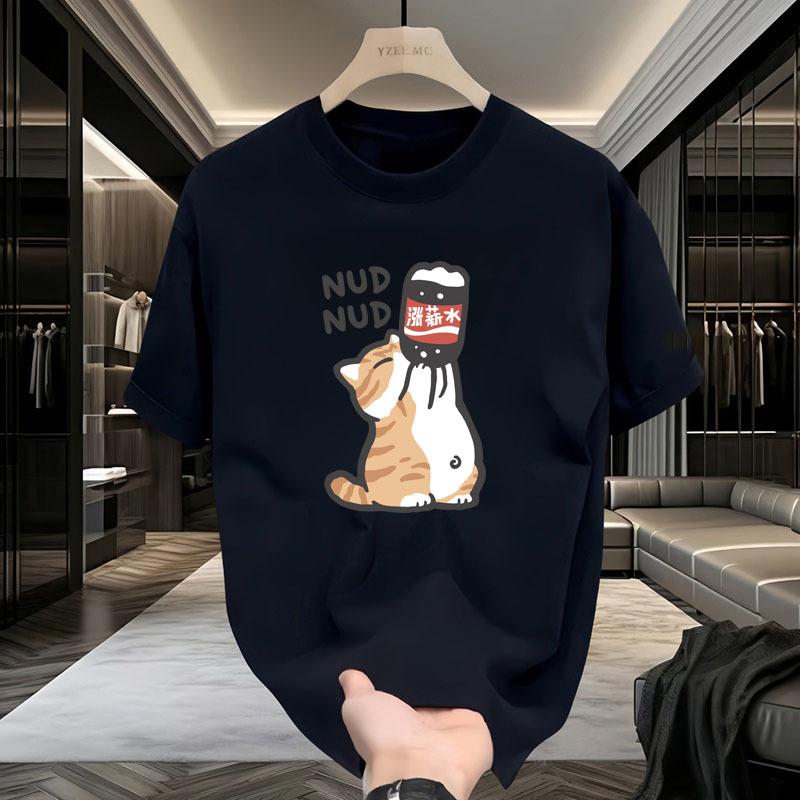 Letni Trend Retro T-shirt z Nadrukiem Kreskówkowego Kotka, Męski i Damski Luźny Krój dla Zakochanych Casualowy Krótki Rękaw