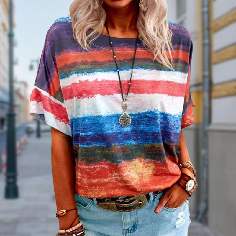 Damski Letni T-shirt Trend Paski Nadruk Retro Moda Krótki Rękaw T-shirty Casual Nadrukowane Topy