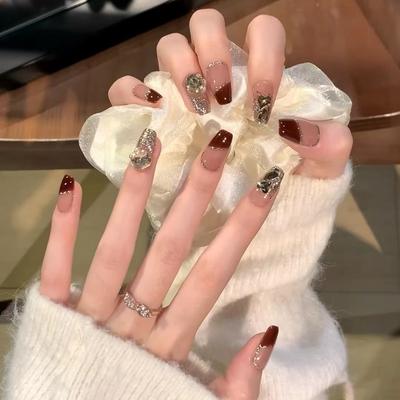 New Year's Manicure Pure Hand-wearing Nail Pieces Handmade High-end Pure Desire Wine Red French Flashing Love Diamond