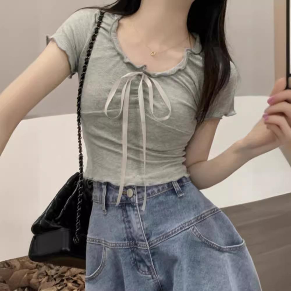 Women's V Neck Short Sleeve Crop Top Slim Fit Sweet Style Ruffle Drawstring T Shirt