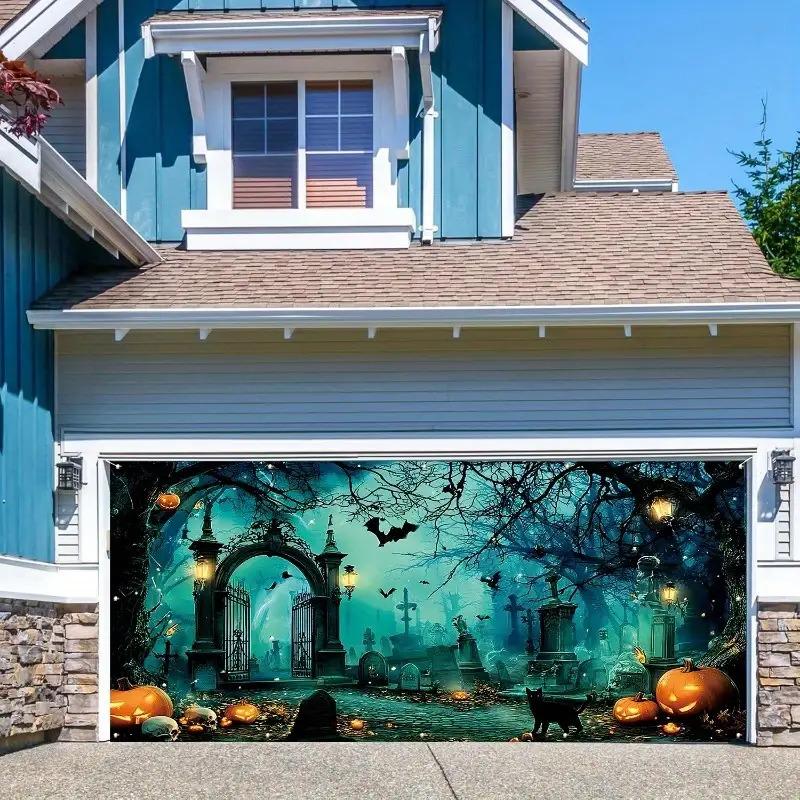 2 D door banner 1 oversized Halloween garage door banner - Ghost cemetery scene and pumpkin lanterns.PMJ
