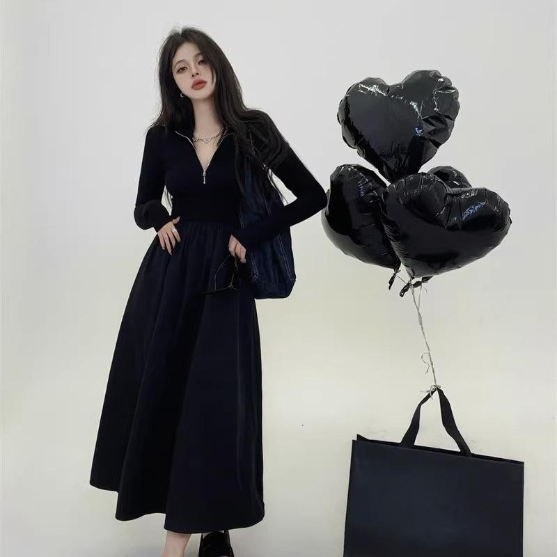 Herbst Winter Schwarz Elegant Mode A-Linien-Kleid Damen Langarm Temperament Robe Damen Freizeit Vestidos