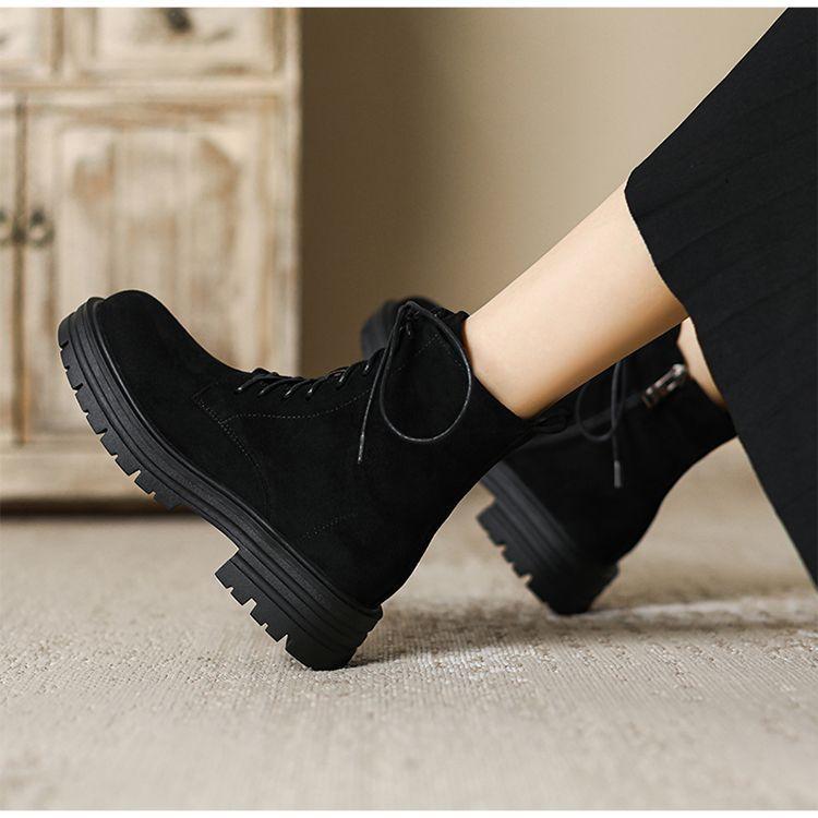 Vintage Suede Matte Round Head 2025 Autumn and Winter New Lace-up Martin Boots Women's British Style Thick-soled Thick-heeled Short Boots