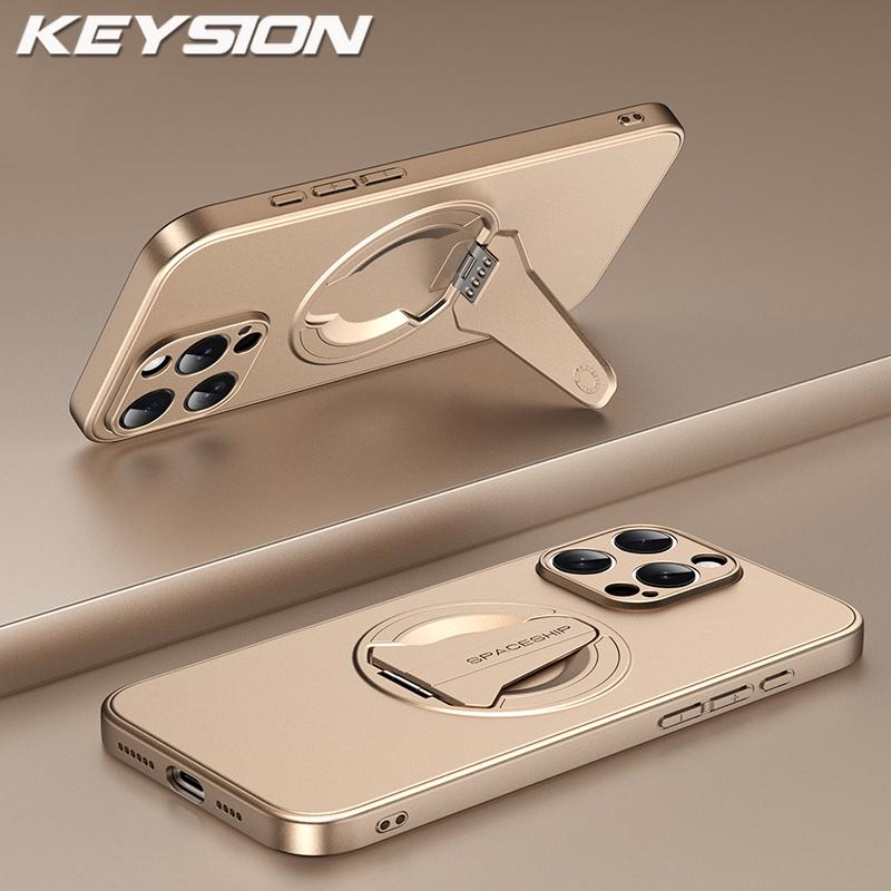 

KEYSION Magnetic Phone Case for iPhone 13 14 15 16 Pro Max Metal Paint Soft Silicone+PC Upright Kickstand Shockproof Back Cover for iPhone 13 Pro Max золотий