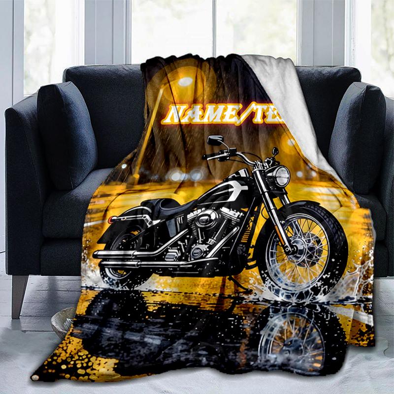 1PC Custom Name Motorcycle Rain Night City Outdooor Flannel Blankets Throw Blanket All-Season Throw Gift Bedspread for Couch, Bed, Camping Holiday Bir