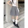 Kumikumi Retro Color-Contrast Check Skirt A- Line Skirt Women's Autumn Drape High Waist Pleated Skirt Swing Skirt