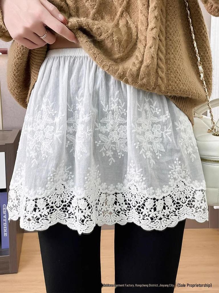 2025 Women's White Cotton Lace Skirt: Autumn/Winter Layered Design with Jeans, Hip-Covering Half-Skirt