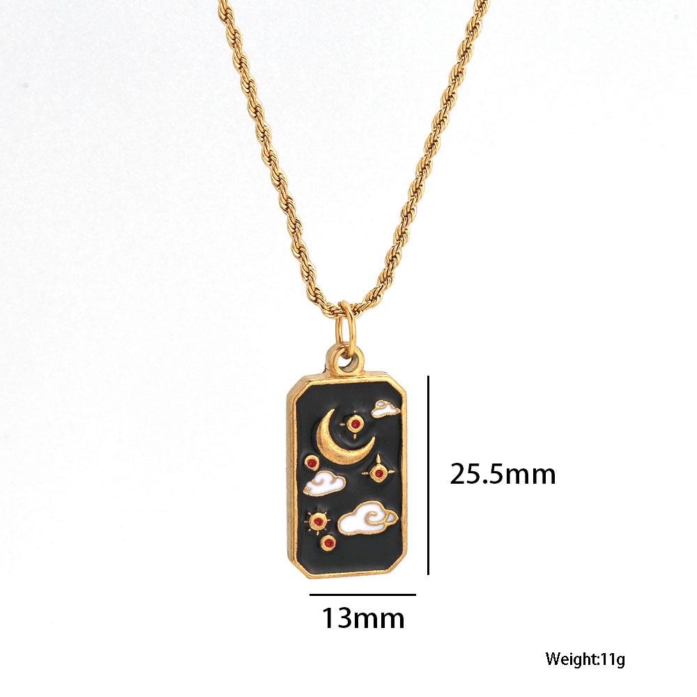 European Stainless Steel Square Tarot Necklace with Star & Sun Pendant, Retro Clavicle Chain.