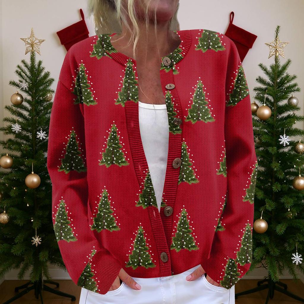 Damen Strickjacke Langarm Leichtgewichtige Jacke mit lustigem Weihnachtsdruck