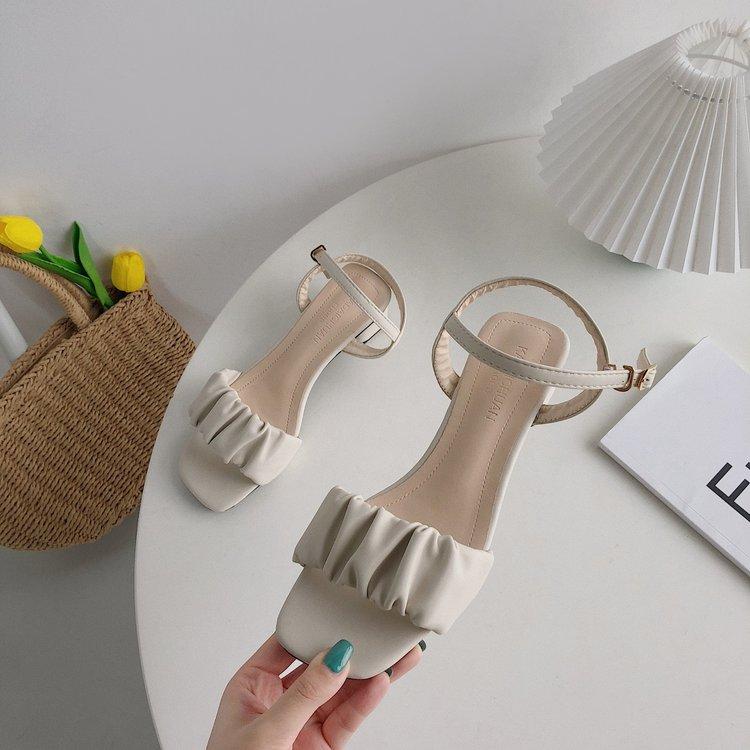 Fashion Square Heel Womens Sandals  Summer New Korean Pleated Ankle Buckle Casual High Heels Sandals Simple Rome Shoes