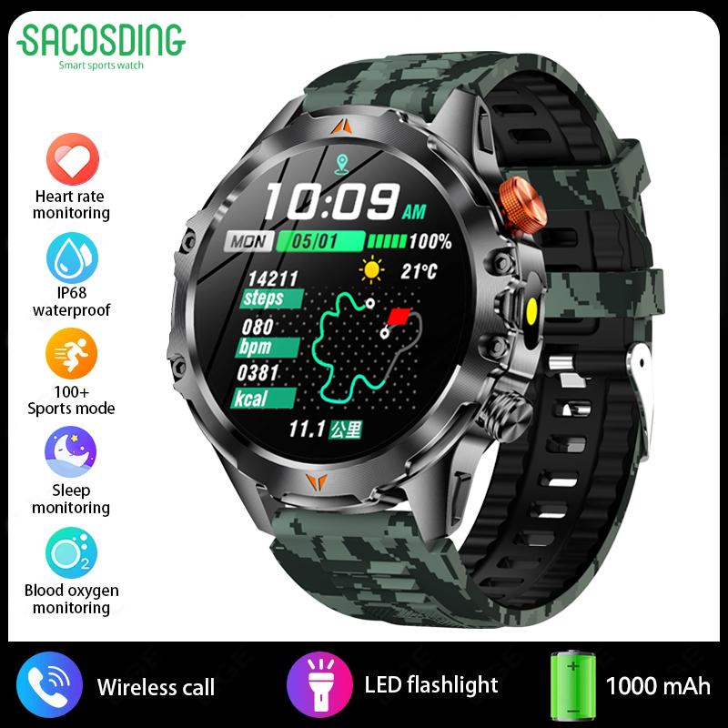 SACOSDING Men Smart Watch Compass LED Flashlight BT Call Heart Rate Sleep Health Monitoring Outdoor Sports Fitness Smartwatch