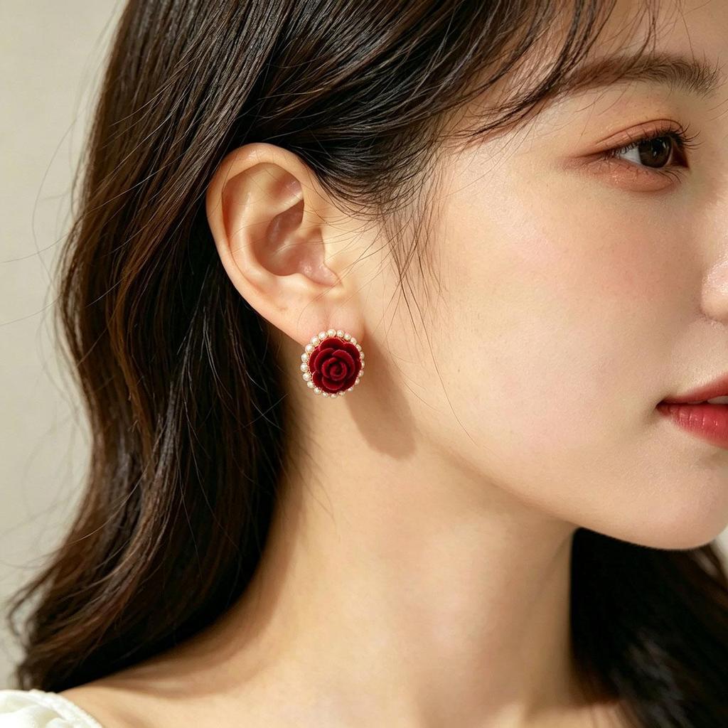 Ankara Red Flower Bead Stud Earrings for Women, Versatile Daily Temperament Unique Earrings, Korean Simple New Ear Accessory