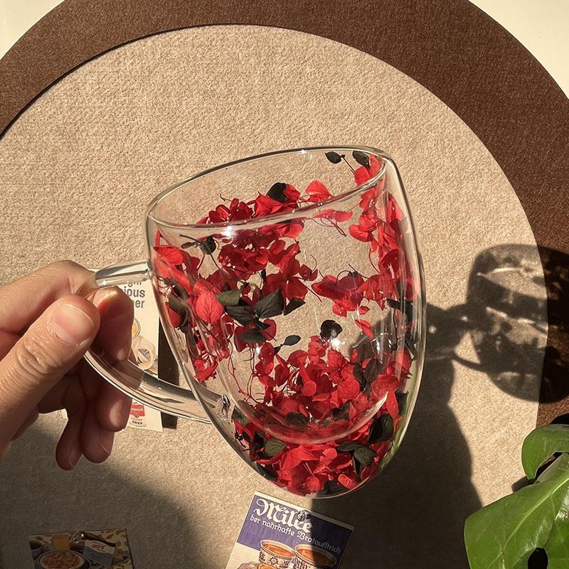 Ny 350 ml Dobbeltvegg Kaffekopp Med Håndtak Klar Melkekopp Gaver Glasskopp Fyll Kunstige Simuleringsblomster Tekopp