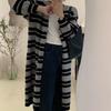 Black and White Striped Medium and Long Cardigan Women's Autumn Retro Lazy Style Top with Casual Sweater Jacket Women