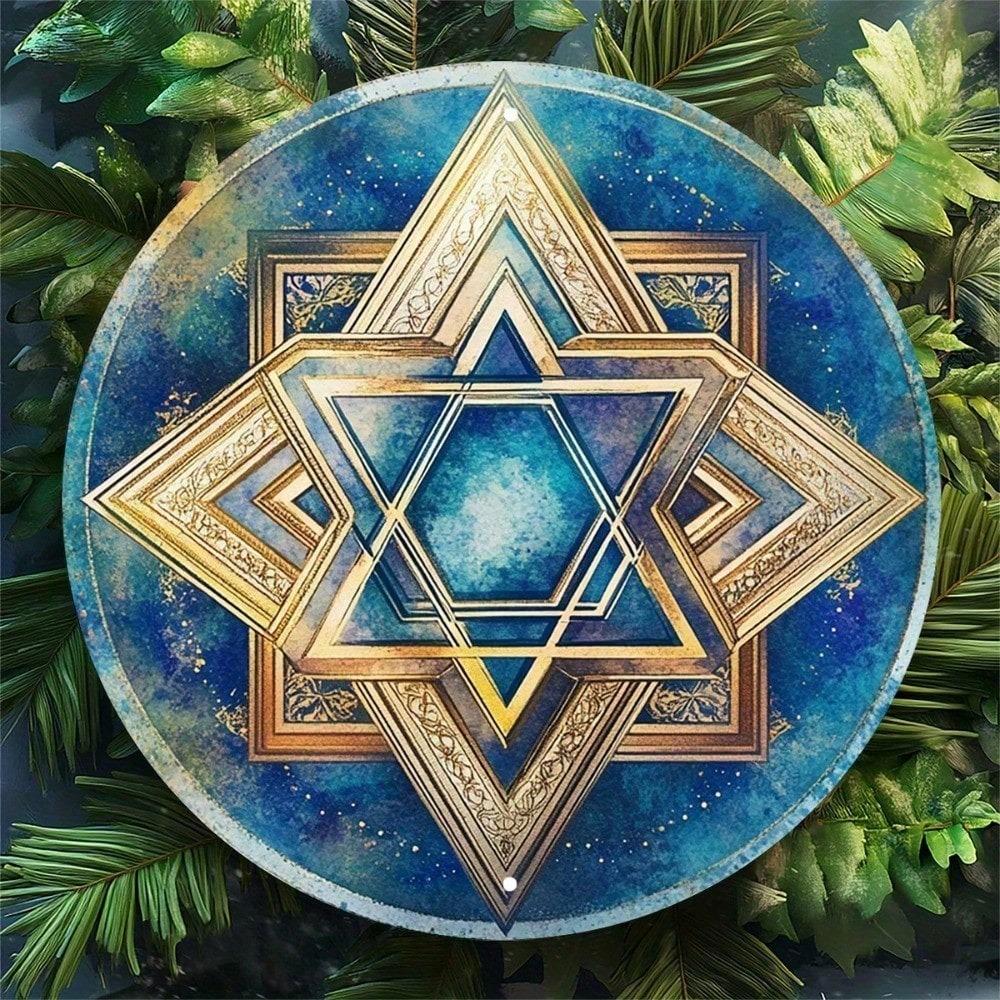1pc Star of David Round Aluminum Tin Sign 8 Inch Wall Art Vintage Garden Yard Decor with Pre-Drilled Holes