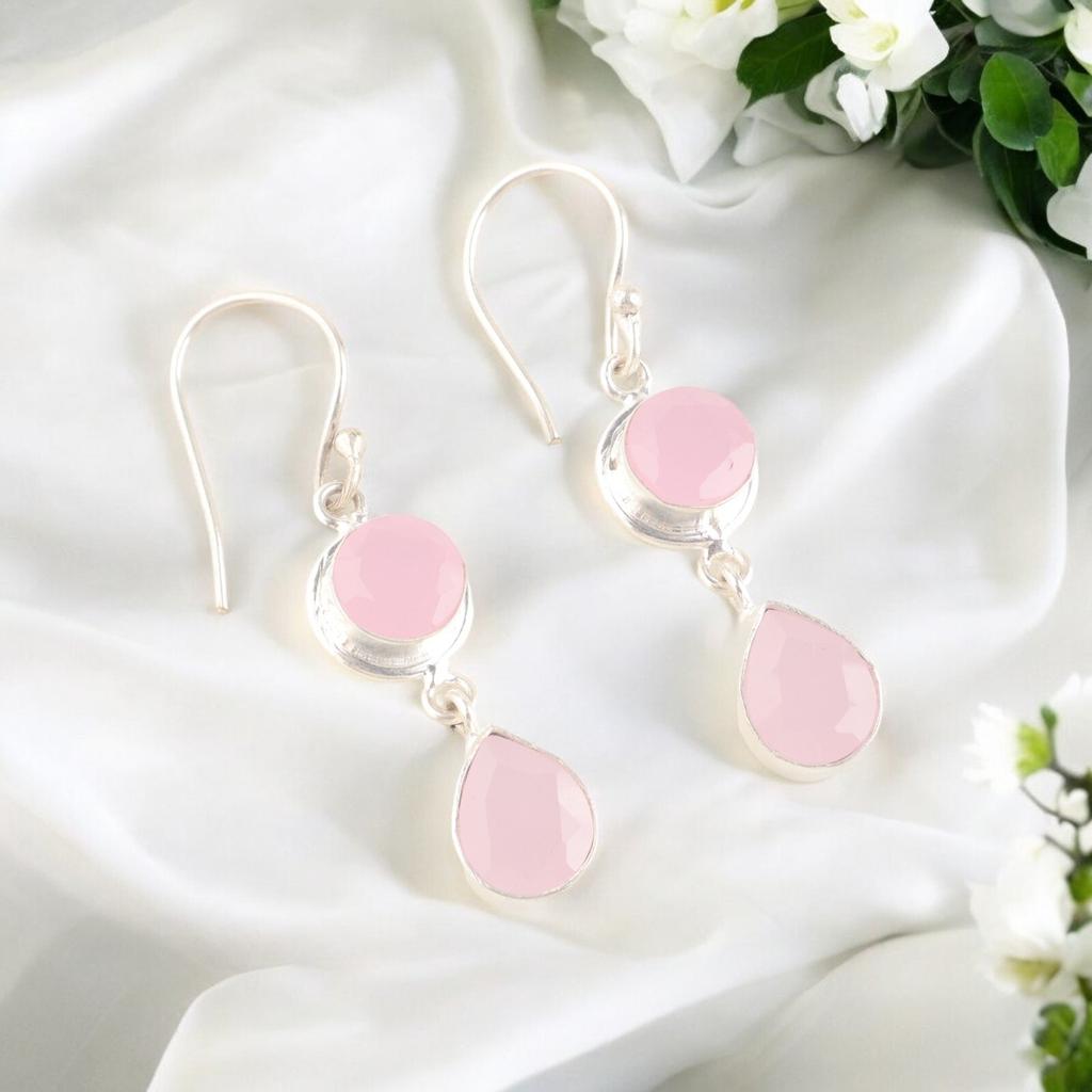 Rosenchalcedon Edelstein 925 Sterlingsilber Handgefertigter Schmuck Hakenohrringe EE-142-15