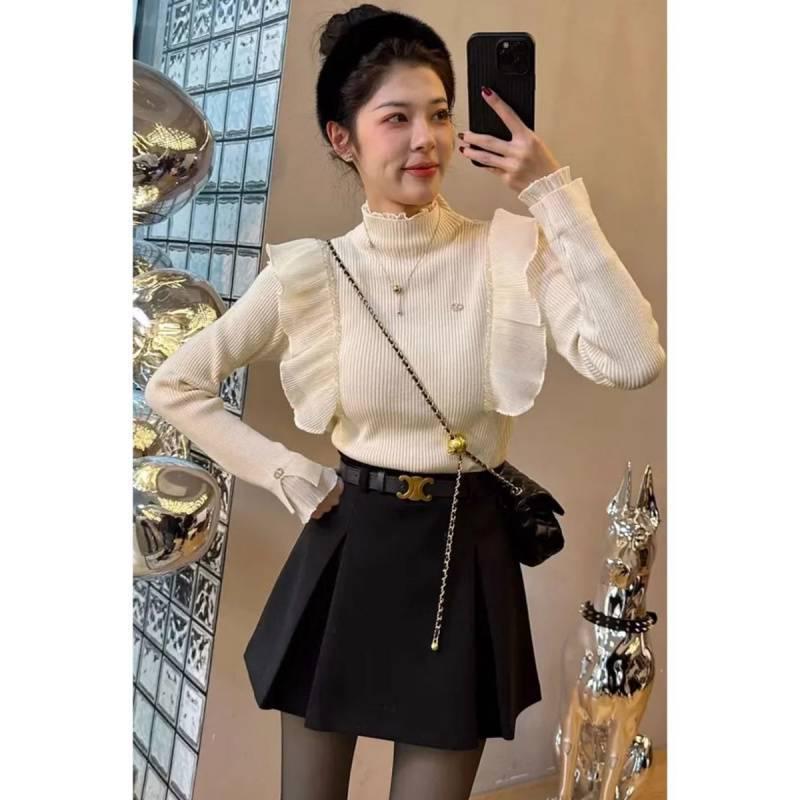 Women's Spring 2025 Korean Style Ruffle Sweater & High-Waisted Midi Skirt Two-Piece Set