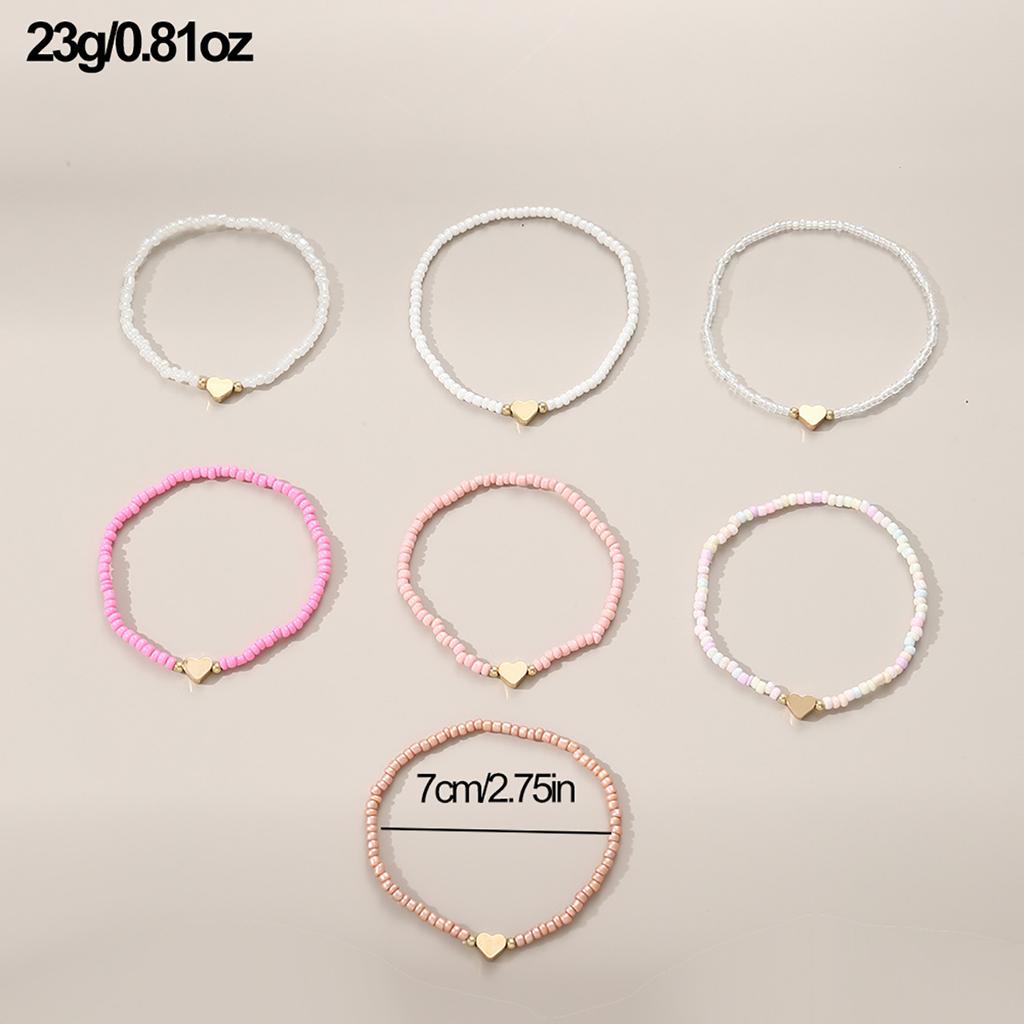 7Pcs Colorful Rice Beads Bracelet Peach Heart Beaded Bracelet Fashionable Love Heart Stacked Hand Zircon Gift for Women Girls