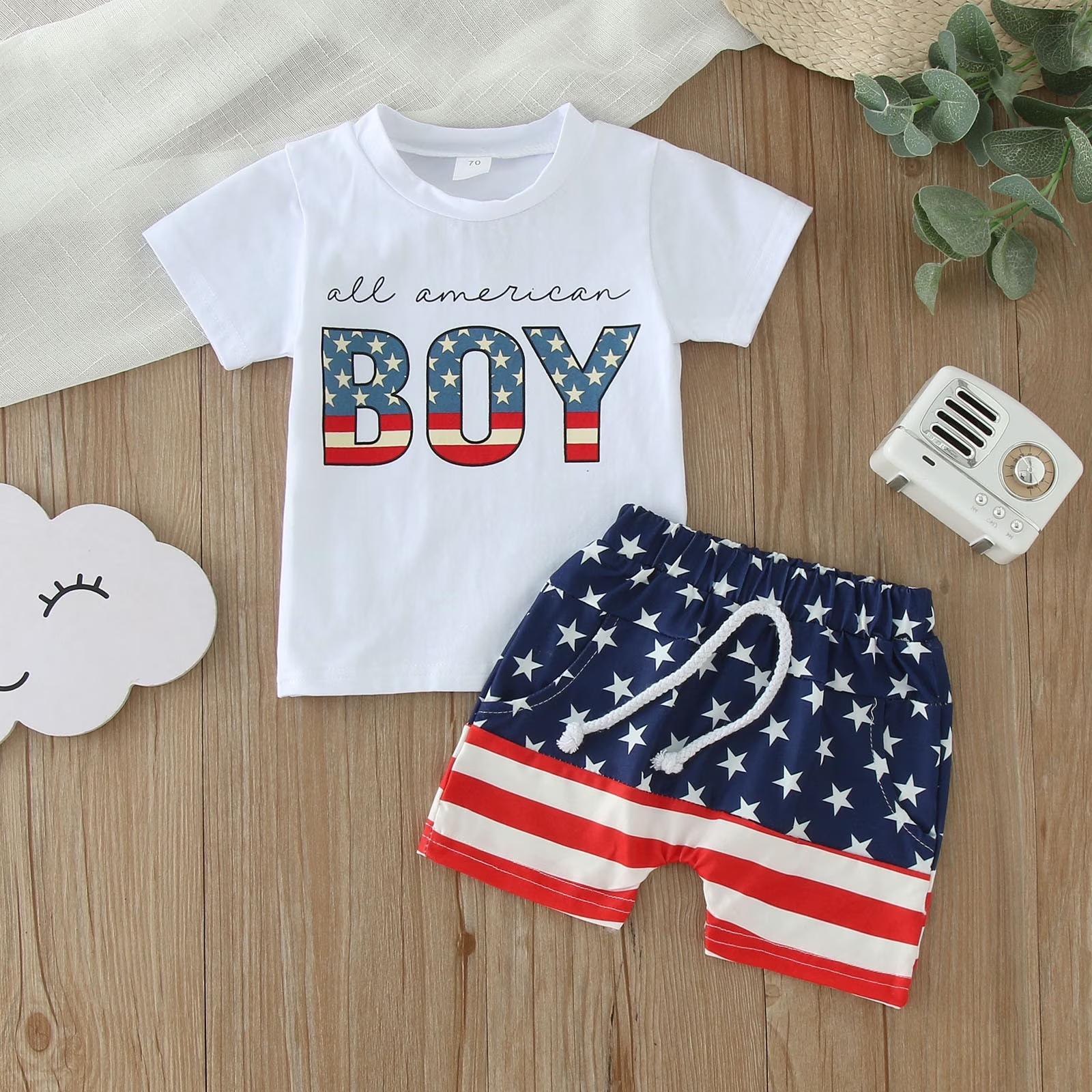 Kids Letter Print Tee and Star Stripe Shorts, 2-Piece Sport Outfit Set for Boys Girls 100
