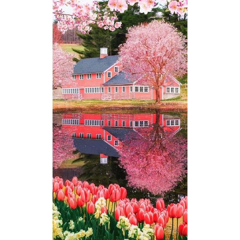 5D DIY Diamond Painting Pink Flower Tree Full Round Diamond Embroidery Cross Stitch Cherry Blossoms Mosaic Kits Decor for Home